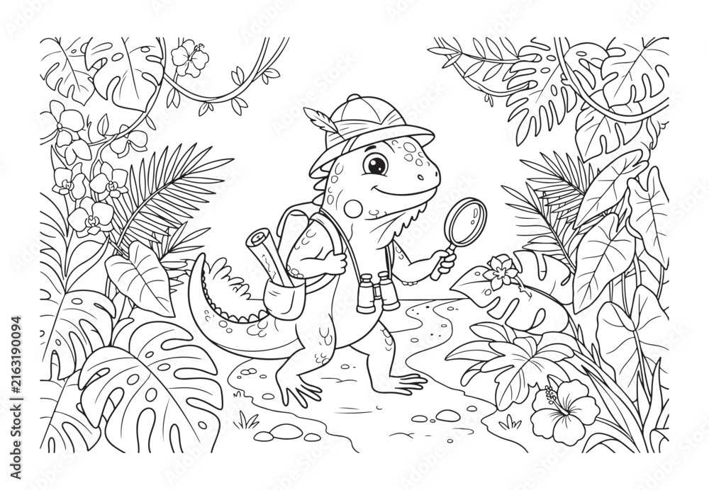 Fototapeta premium Cute iguana explorer hiking in tropical jungle safari coloring page vector