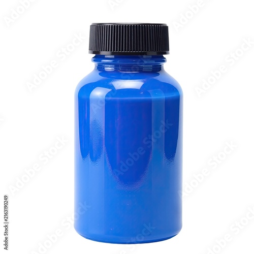 A single blue bottle with a black lid sitting on a plain white background