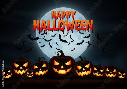 Spooky jack-o'-lanterns and bats under a full moon for halloween celebration.