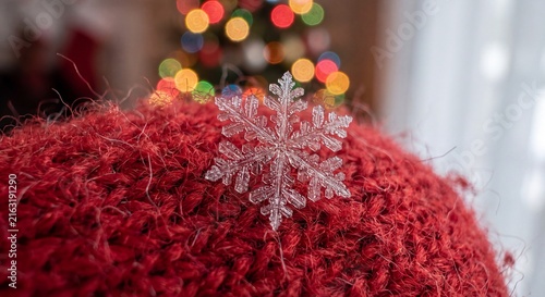 Real snowflake macro on red wool hat with Christmas tree lights bokeh background