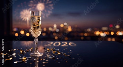 Champagne glass with fireworks and 2026 text for happy new year celebration