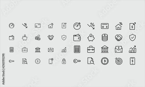 Money loan line icon set. Credit score, low interest, discount card, mortgage percent, tax minimal vector illustration.
