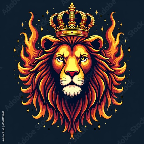 Flaming lion head with royal crown on dark background