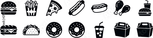 Line art icons depicting various fast food items and restaurant service objects