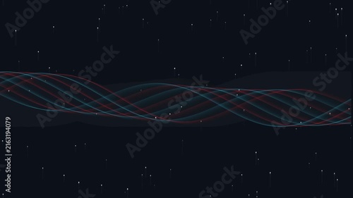 Abstract DNA Wave Lines Motion Graphics, Cyan Red Double Helix Sine Wave Animation with Falling Stars Particles on Dark Space Background