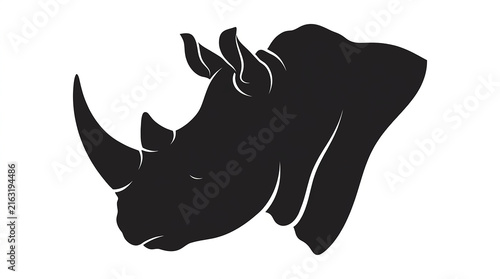 Minimalist black silhouette profile head portrait facing left isolated against plain white background vector graphic with silhouette rhinoceros