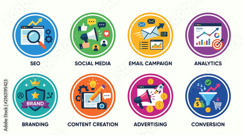 Digital marketing icons on colorful background.