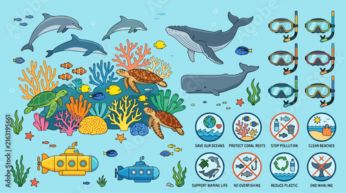 Colorful cartoon sea creatures and icons.
