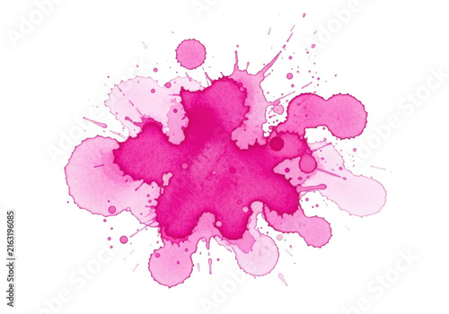 Vibrant pink watercolor paint splatter with ink droplets and soft bleeding edges isolated on a solid black background