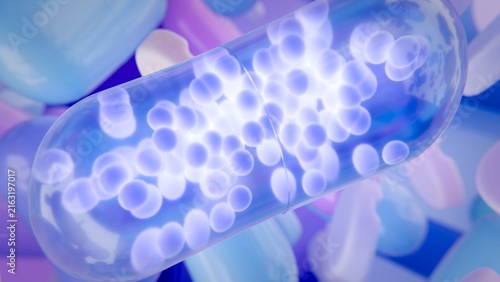Flying pills and capsules in motion on blue background, pharmaceutical concept. 3d render