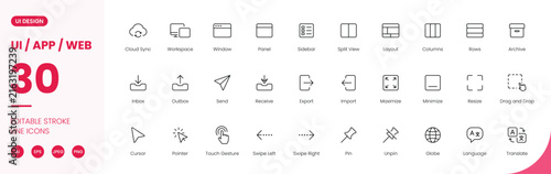 Fototapeta ui app web interface icon line style navigation workspace editable stroke vector set