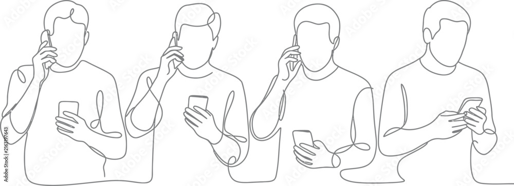 Fototapeta premium Continuous Line Drawing of Men Using Smartphones. Minimalist Vector Icons. Monoline Illustrations. Modern Characters. Digital Lifestyle. Social Media Concepts