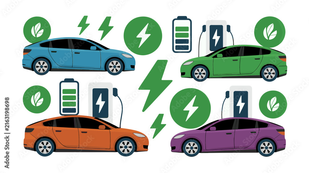 Naklejka premium Electric vehicle vector set, eco friendly EV cars charging, green energy transport icons for sustainable mobility infographics