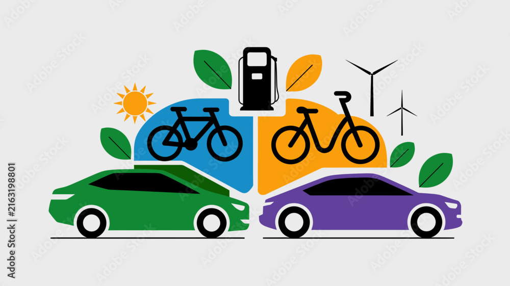 Naklejka premium Green energy transportation vector, eco friendly electric cars and bicycles, sustainable urban mobility concept illustration