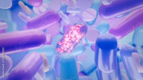 Flying pills and capsules in motion on blue background, pharmaceutical concept. 3d render