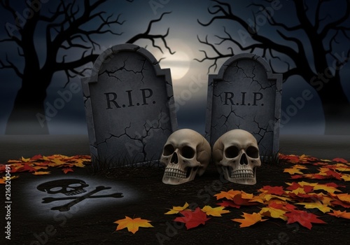 Eerie graveyard scene with skulls and autumn leaves under a moonlit sky