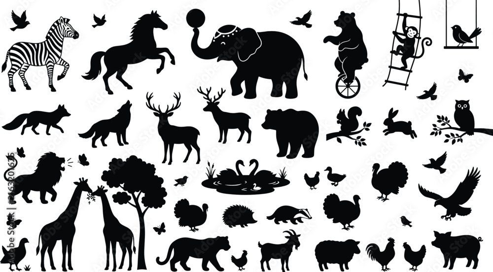 Fototapeta premium Wild and Farm Animal Silhouette Collection Featuring Black Vector Stencils of Circus Performers Forest Wildlife Safari Mammals and Domestic Poultry Design Elements