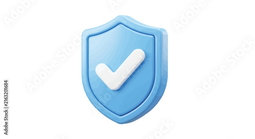 Blue shield with white checkmark 3d rendering on white background
