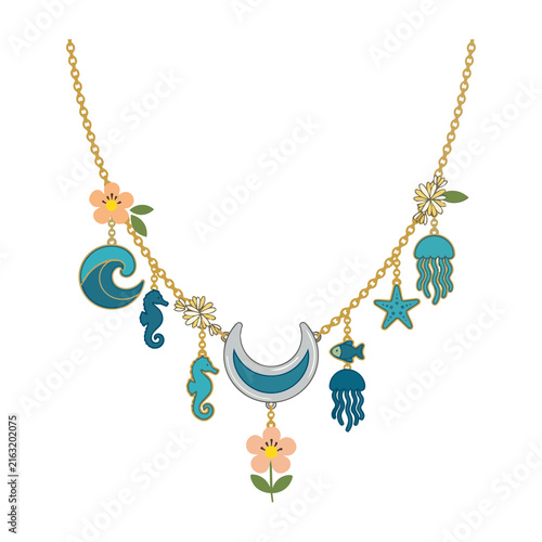 Delicate coastal necklace. Whimsical fashion jewellery. Isolated on a transparent background.