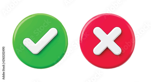Green checkmark and red cross symbols 3d rendering on white background