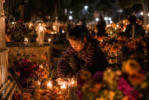 Todos los Santos bei Kerzenlicht: Ein junges Mädchen entzündet nachts auf einem blumengeschmückten Friedhof eine Kerze und erinnert still an verstorbene Angehörige.