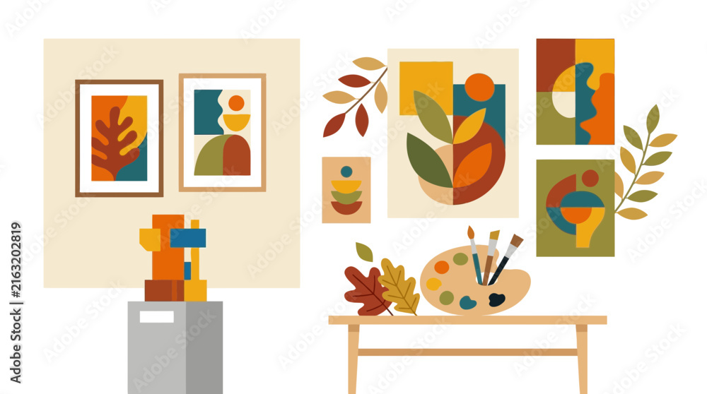 Fototapeta premium Abstract Art Gallery with Geometric Shapes and Autumn Leaves