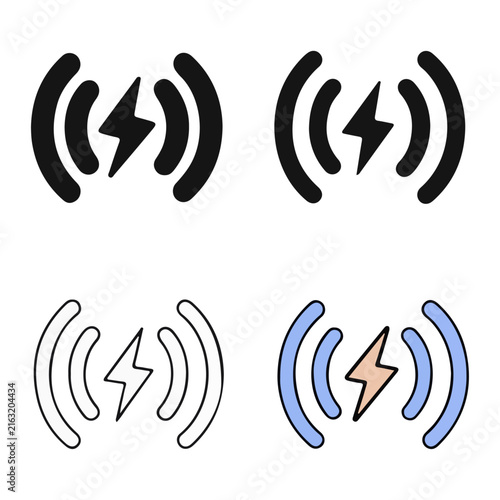 Set of wireless signal icons with different status indicators showing connection strength and lightning bolt symbols for notifications or updates