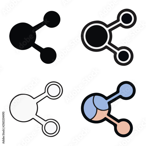 Simple stylized molecular or atomic structure illustrations with different color variations and outlines isolated on transparent background