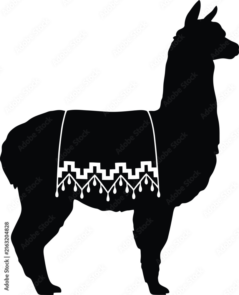 Naklejka premium A black silhouette of a llama with patterned textile adornment is displayed on white background silhouette