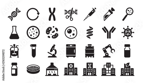 Set of laboratory and biotech research equipment icons with biotechnology