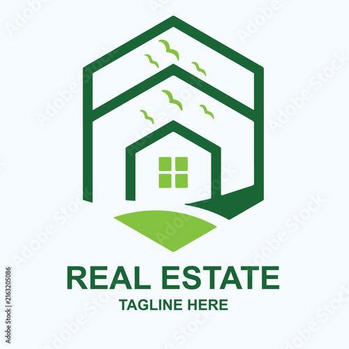 Green House Real Estate Logo with Leaf Eco Icon for Sustainable Home, Architecture, Energy and Environmental Business Branding