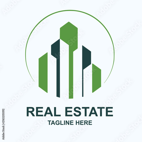 Abstract Business Logo with Green Growth Chart, Arrow, Finance Bar Graph, Building and Data Symbol for Company Success and Market Progress Vector Design