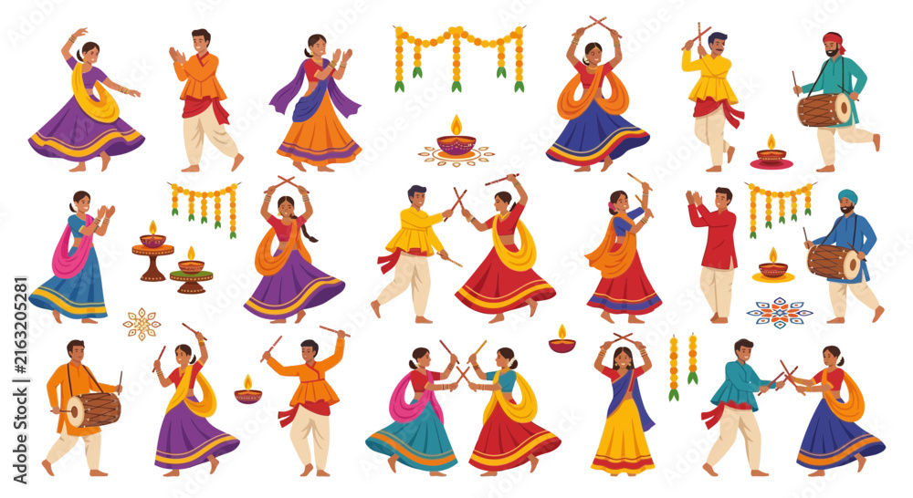 Fototapeta premium People Dancing Garba with Sticks and Drums