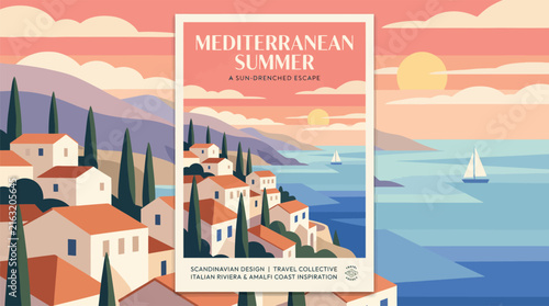 Mediterranean Summer Travel Poster and Coastal Landscape Vector Illustration
