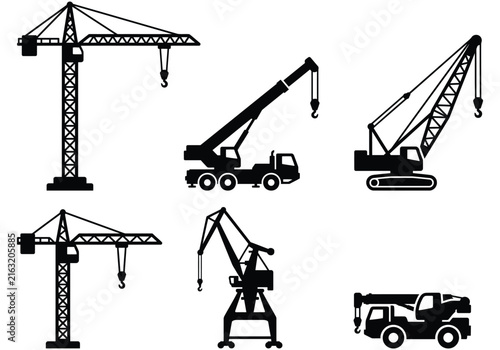 Konstfotografi Black silhouette collection of industrial cranes and heavy lifting machinery for construction site and harbor shipping logistics