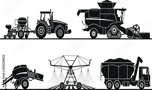 Fotografie Agricultural Machinery Silhouette Set with Tractor Seeder Combine Harvester Bale