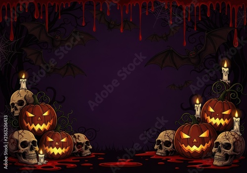 Hauntingly decorated halloween scene with jack-o'-lanterns and skulls in eerie lighting