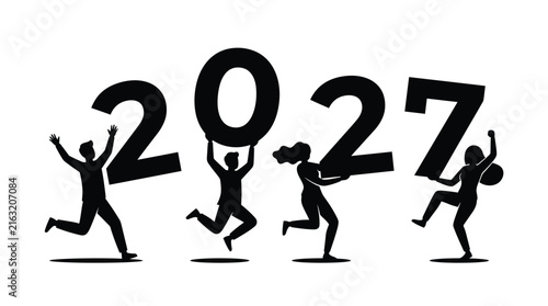 People Silhouettes Celebrating 2027 New Year Vector Illustration
