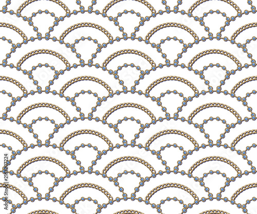 Seamless pattern with jewelry chains arranged in fan shaped ornament on transparent background. Blue gemstones, golden chains for luxury design