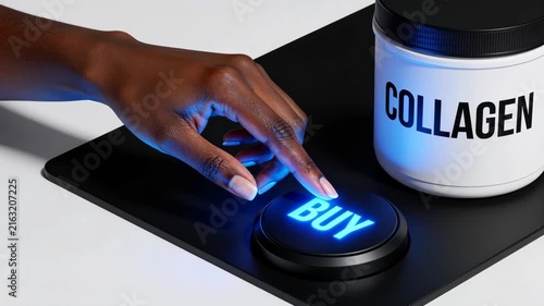 Close-up of a black woman's hand pressing a retail BUY button next to a large plastic tub of collagen powder. Instant online purchase and choosing the right premium collagen supplement concept