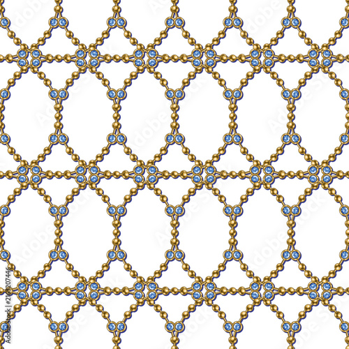 Seamless jewelry pattern like lattice with overlapping golden chains with blue gemstones arranged in geometric grid. Transparent background. Luxury design element.