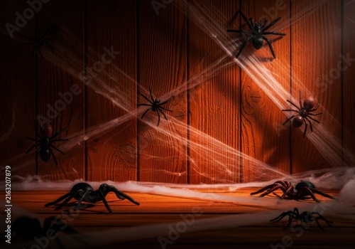 Eerie glow of spiders in a mysterious, sunlit room with wooden walls and beams