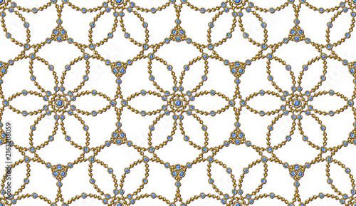 Seamless jewelry pattern with flower shaped geometric forms made of realistic gold chains with blue gems.