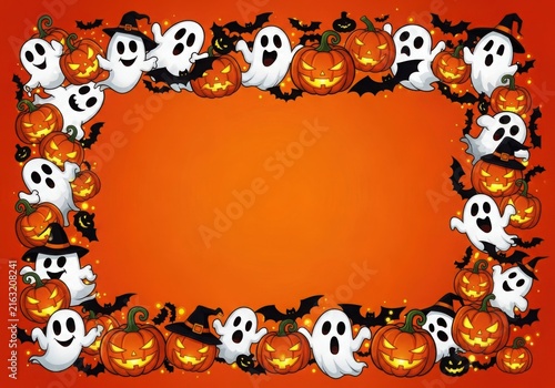 Halloween-themed border featuring ghosts, pumpkins, and autumnal decorations.