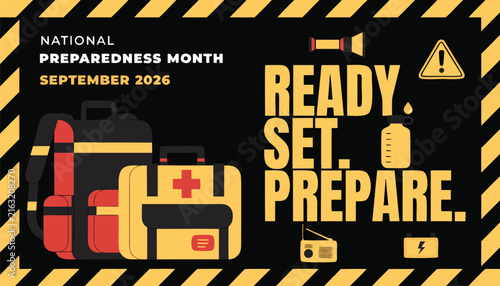 National preparedness month banner featuring emergency supplies and safety alert icons