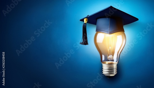 luminous light bulb with graduation cap on deep blue background highlighting education and innovation