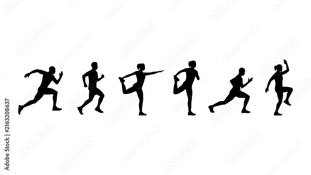 Obraz premium Fitness and healthy lifestyle silhouettes showing various sport exercises and running pose.