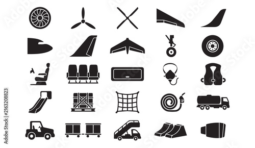 Aviation and aircraft maintenance silhouette icon set with aviation, aircraft
