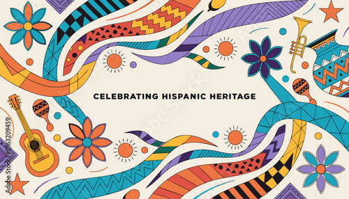 Colorful festive illustration honoring national hispanic heritage month with vibrant symbols