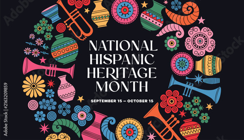 National Hispanic Heritage Month colorful festive wreath with cultural art icons